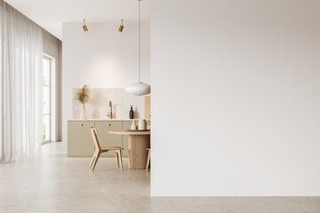Cozy stylish home kitchen interior with eating and cooking area, mockup wall