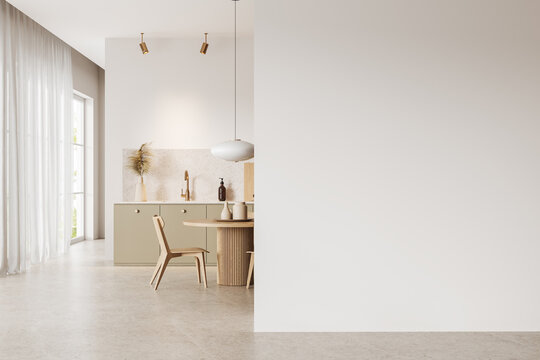 Cozy stylish home kitchen interior with eating and cooking area, mockup wall