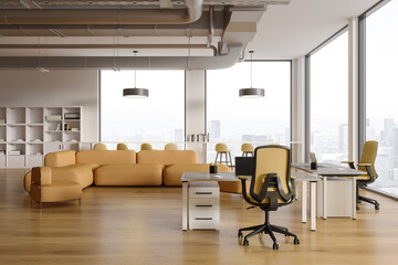 Cozy office lobby interior with workspace and relax place near window