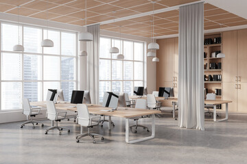 White and wooden open space office corner with curtains