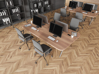 Gray open space interior with bookcase, top view