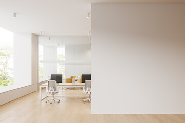 Office interior with workplace and glass meeting room, window. Mockup wall - obrazy, fototapety, plakaty