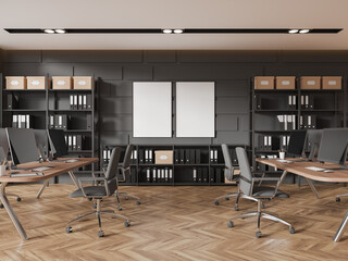Dark coworking room interior with table and computers in row. Mockup frames