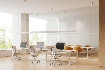 Stylish office interior with glass meeting room and workplace, panoramic window