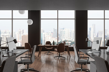 Modern office room interior with coworking and meeting area, panoramic window