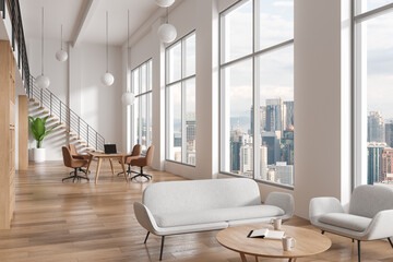 White conference room interior with lounge area