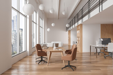 Cozy business room interior with meeting, coworking and chill space with window