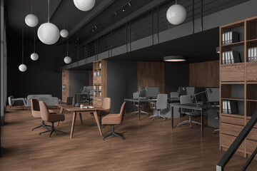 Wooden office room interior with coworking, meeting and relax space with shelf