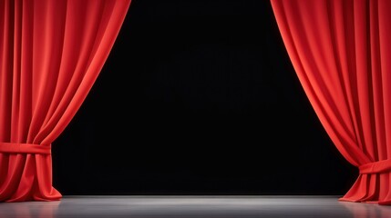 Fototapeta premium Empty stage with royal silk red stage curtain for theater, opera scene drape, Generative AI