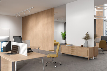 Cozy coworking interior with pc computer, table and drawer with mock up wall