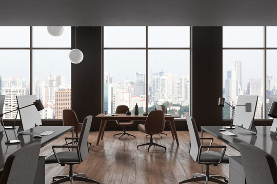Modern office room interior with coworking and meeting area, panoramic window