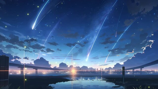 Meteor streak across the vast sky at night. Japanese anime background. Seamless looping video