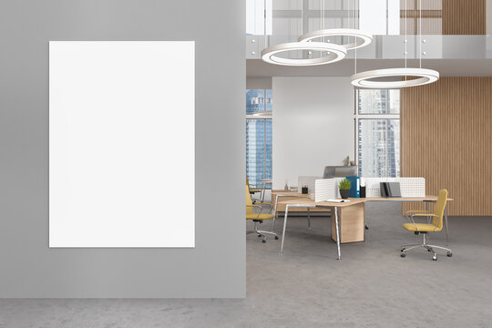 Stylish office room interior with shared desk and panoramic window. Mockup frame