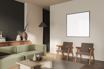 Beige relaxing interior couch and coffee table with decoration, mockup frame