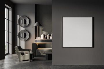 Grey living room interior and sideboard with decoration and window, mockup frame