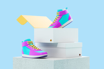 Colorful sneakers on platform, copy space box on blue background
