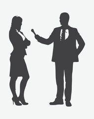Intriguing Encounters, Silhouettes of Businesswoman and Male Reporter Engaged in a Captivating Interview