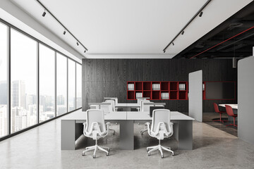 Workplace in white coworking office interior