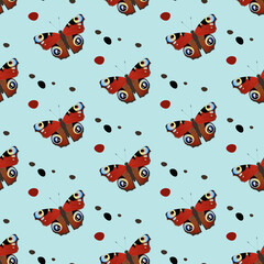 Seamless pattern of butterfly aglais io. Butterfly and insect. Summer colorful butterfly. Seamless pattern on blue background.