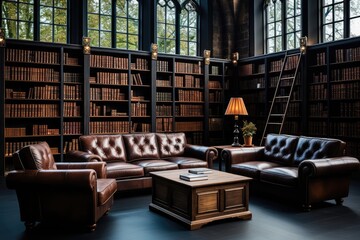 An interior shot of the castle's library, filled with rows of bookshelves, reading nooks, and a cozy fireplace, inviting visitors to delve into the world of knowledge