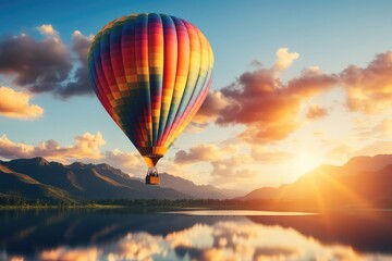 Fototapeta premium A majestic hot air balloon soaring above a serene lake, with crystal-clear waters reflecting the colorful balloon and surrounding mountains