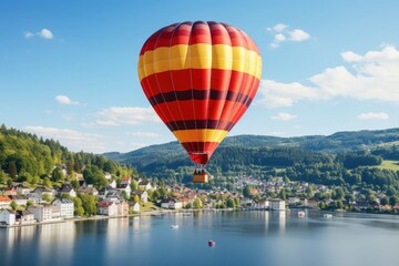 A hot air balloon hovering over a picturesque countryside, with patchwork fields, charming villages, and a winding river meandering through the idyllic landscape