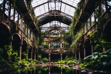 A photograph of an empty and decrepit swimming pool, with cracked tiles, overgrown vegetation, and a sense of faded summer memories in