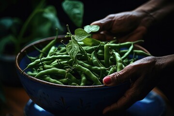A photograph capturing the moment of legume harvest, with fields of legume plants in the background and farmers diligently collecting the ripe pods in