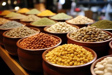 A photograph of a vibrant market stall filled with an array of fresh legumes, enticing customers with their colorful display in