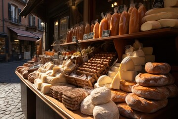 A photograph featuring a gourmet delicatessen market stand, offering an exquisite selection of artisanal cheeses, cured meats, and fine delicacies, tempting the senses in