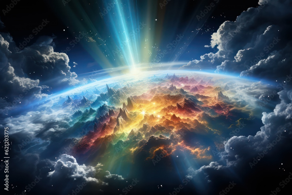 Canvas Prints wispy rainbow clouds gently drifting over a tranquil meadow, creating a dreamlike and ethereal atmos