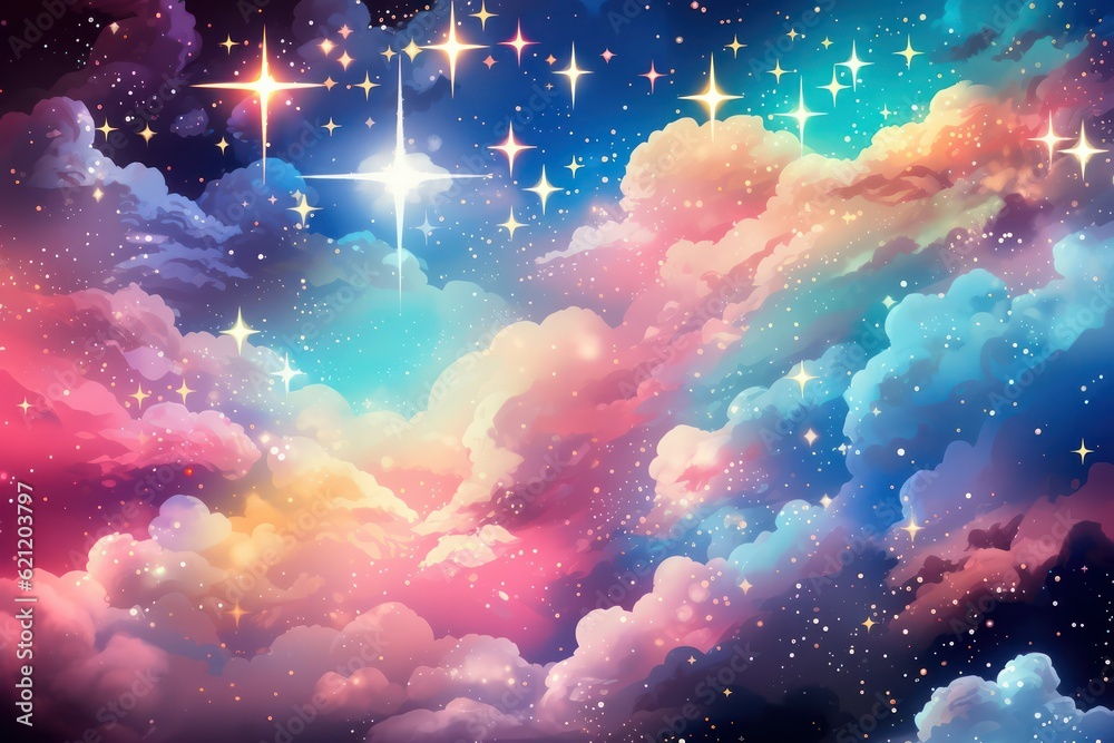 Wall mural wispy rainbow clouds gently drifting over a tranquil meadow, creating a dreamlike and ethereal atmos