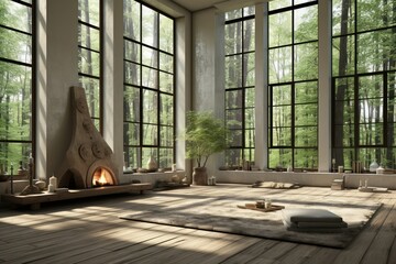 An inviting yoga loft with floor-to-ceiling windows overlooking a breathtaking natural setting, offering a tranquil ambiance for yoga and meditation sessions