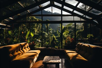 A rustic yoga loft nestled amidst a lush forest, surrounded by towering trees and the soothing sounds of nature, offering a unique space for yoga practice in harmony with the natural world