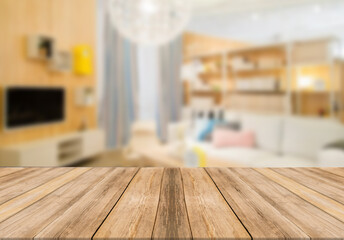 Wooden board empty table top on of blurred background