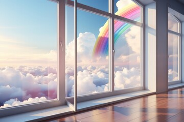 A panoramic view of a sunset sky filled with iridescent rainbow clouds, painting the horizon with a magical palette of colors