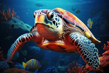 Fototapeta na wymiar A magnificent sea turtle gracefully swimming through the coral reef, surrounded by a tapestry of vibrant fish, showcasing the harmony and interconnectedness of marine life