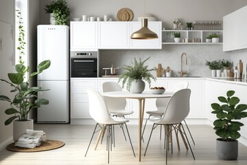 modern white kitchen with a dining table and chairs. Generative AI