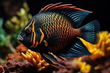 A close-up shot of a majestic angelfish swimming gracefully among the coral formations, its iridescent colors and intricate patterns creating a captivating display of beauty and elegance - obrazy, fototapety, plakaty