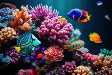 Naklejka na ściany i meble A panoramic view of a coral reef ecosystem, showcasing a rich tapestry of colorful fish, swaying coral, and underwater flora, presenting the biodiversity and wonder of the underwater world