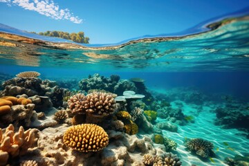 A detailed shot of a stunning coral reef with intricate coral formations and a diverse collection of colorful fish, capturing the essence of life and vitality in the underwater world