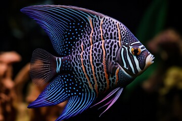 Fototapeta premium A close-up shot of a majestic angelfish swimming gracefully among the coral formations, its iridescent colors and intricate patterns creating a captivating display of beauty and elegance