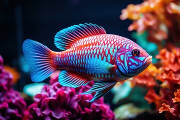 Fototapeta premium A school of brilliant parrotfish swimming among the coral formations, their vibrant colors contrasting against the backdrop of the coral reef, showcasing the dynamic energy of the underwater ecosystem