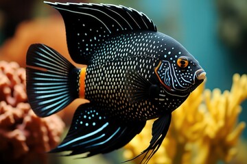 A close-up shot of a majestic angelfish swimming gracefully among the coral formations, its iridescent colors and intricate patterns creating a captivating display of beauty and elegance - obrazy, fototapety, plakaty