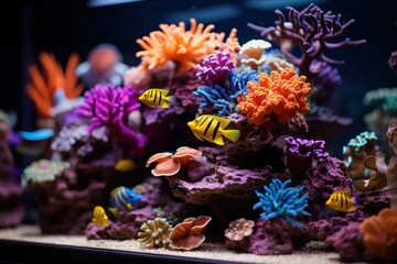 An artistic composition of a vibrant coral reef, with different species of fish arranged in a harmonious pattern, evoking a sense of balance and unity in the underwater world