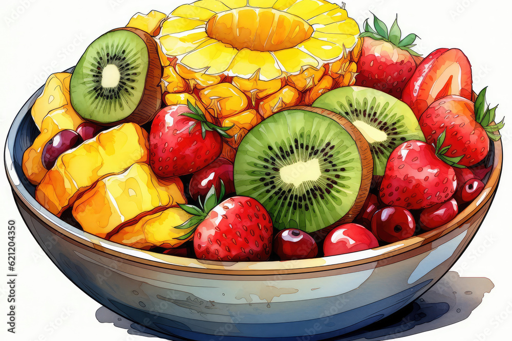 Wall mural A artwork showcasing a colorful and appetizing fruit salad, with a variety of juicy fruits beautifully arranged and garnished in