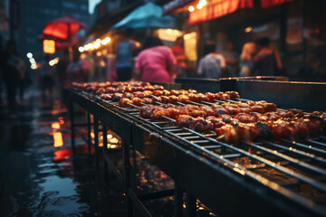 A photograph capturing the smoky ambiance of a market stand specializing in barbecue, with juicy ribs, tender briskets, and flavorful sauces, igniting the taste buds in
