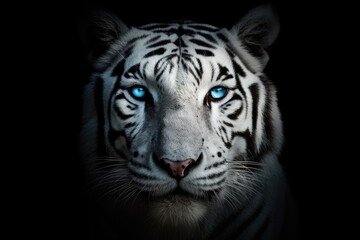 Fototapeta premium majestic white tiger with piercing blue eyes in a dark and mysterious setting. Generative AI