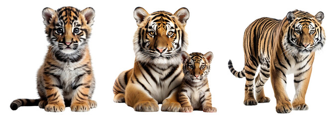 Set with a family of tigers. The little tiger sits. Mother tiger and little tiger sit together. The big tiger is walking. Design element with wild animals. Isolated on transparent background. KI.