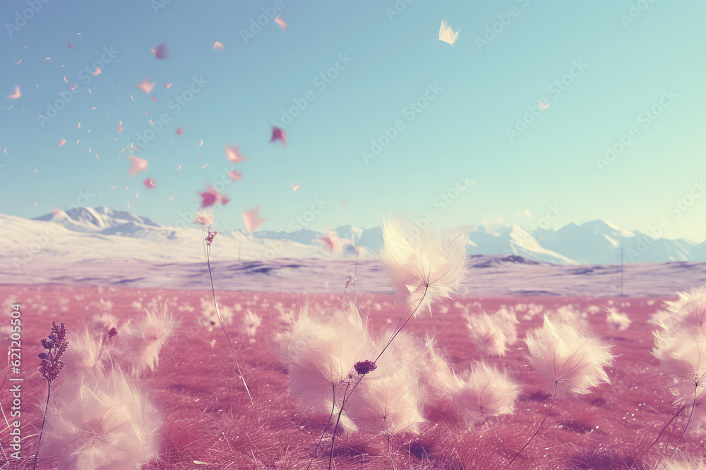 Canvas Prints wispy rainbow clouds gently drifting over a tranquil meadow, creating a dreamlike and ethereal atmos